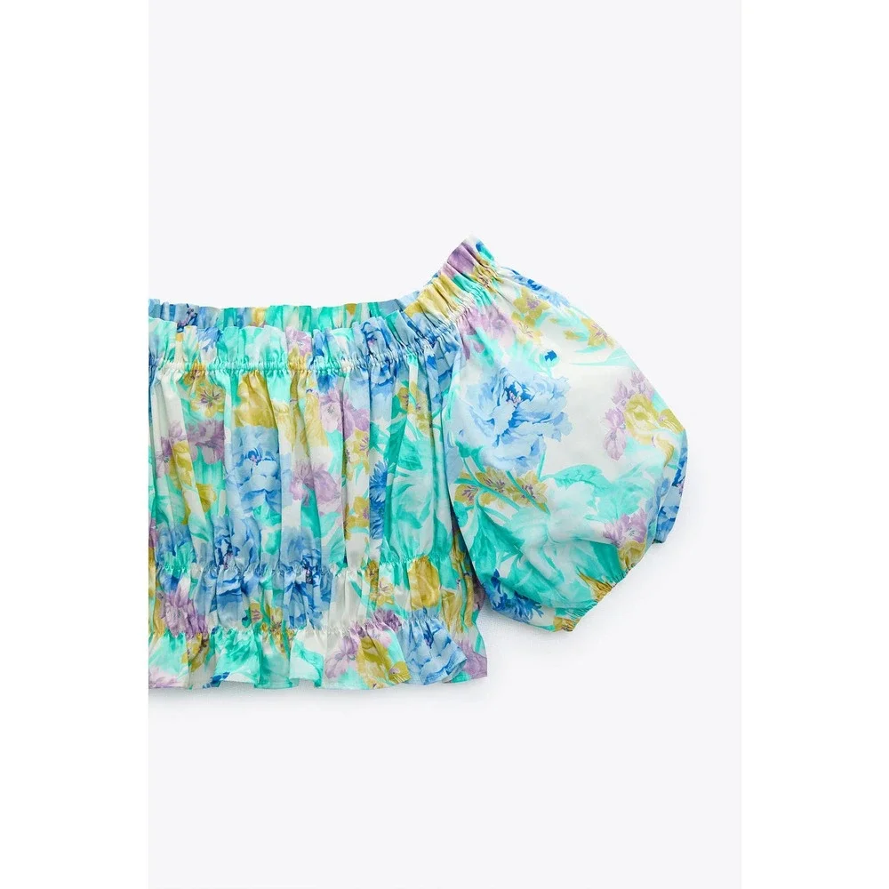 Zara Floral Printed Puff Sleeve Off The Shoulder Top - Picture 5 of 9